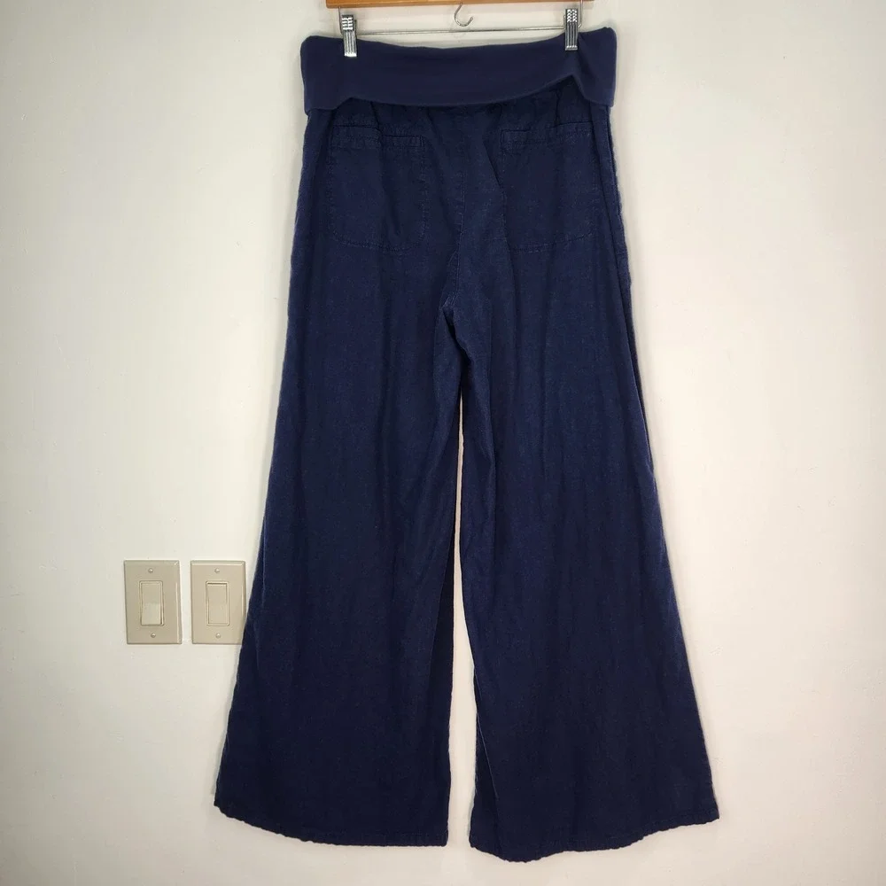 Hei Hei Anthropologie Navy Blue Linen Blend Wide Leg Foldover Waist Pants L - Picture 2 of 9